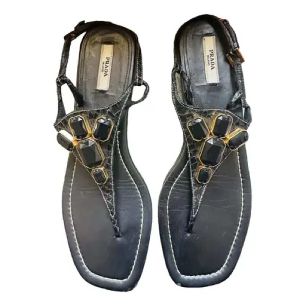 Prada Black T-Strap Sandals with Gold Embellishment